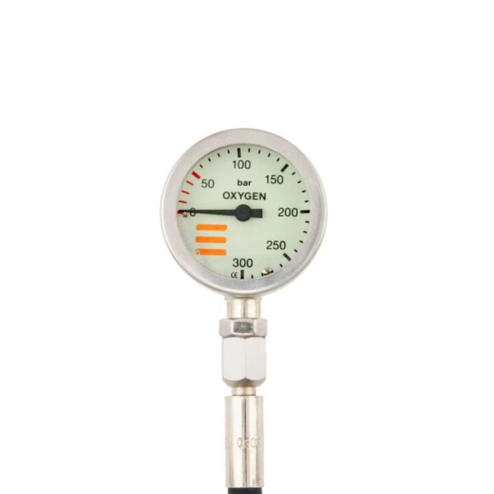 Tecline Finimeter SPG, 52 mm, Nickel, für Sauerstoff, 230 bar, mit 15 cm HD-Schlauch