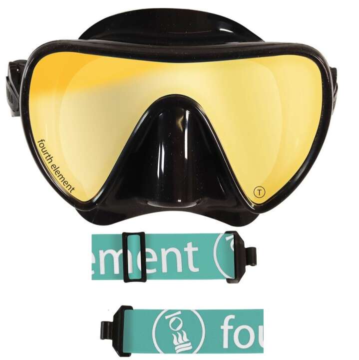 Fourth Element Tauchermaske Scout schwarz shield/gelb mit Maskenband aqua/weiß
