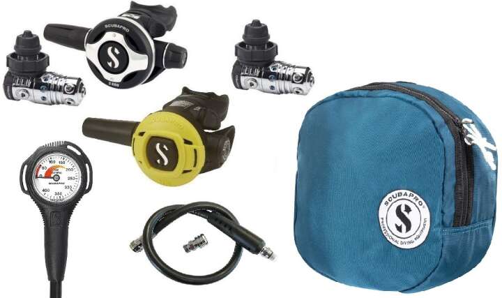 Scubapro Kaltwasser Atemregler Set MK25 EVO (2x) S600 mit S270 Octopus, Tasche, Finimeter und Inflatorschlauch